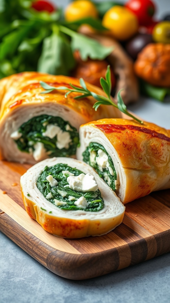 Stuffed chicken breast with spinach and feta, sliced to show filling, served on a wooden board with roasted vegetables.